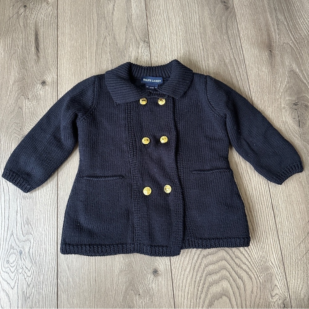 RALPH LAUREN 100% Wool Baby Cardigan Sweater Jacket Navy 12 Months